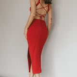 Dream Crush Lace-Up Back Side Split Midi Dress Wine