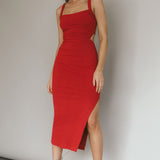 Dream Crush Lace-Up Back Side Split Midi Dress Wine
