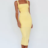 Dream Crush Lace-Up Back Side Split Midi Dress Yellow