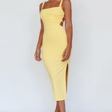 Dream Crush Lace-Up Back Side Split Midi Dress Yellow