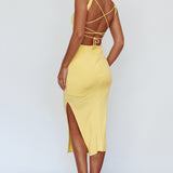 Dream Crush Lace-Up Back Side Split Midi Dress Yellow