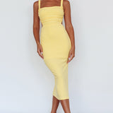 Dream Crush Lace-Up Back Side Split Midi Dress Yellow