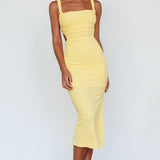 Dream Crush Lace-Up Back Side Split Midi Dress Yellow