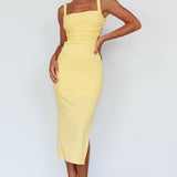 Dream Crush Lace-Up Back Side Split Midi Dress Yellow