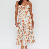 Everglow Shirred Bust Midi Dress Floral Beige