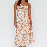 Everglow Shirred Bust Midi Dress Floral Beige
