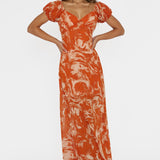 Park Avenue Puff Sleeve Midi Dress Print Orange