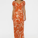 Park Avenue Puff Sleeve Midi Dress Print Orange