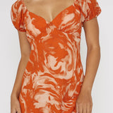 Park Avenue Puff Sleeve Midi Dress Print Orange