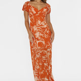Park Avenue Puff Sleeve Midi Dress Print Orange