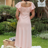 Park Avenue Flutter Sleeve Side Split Midi Dress Blush