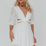 Sunshine Sweetie Cut-Out Waist Tie Feature Mini Dress White