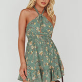 Chase Me Halterneck Mini Dress Floral Sage