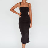 Mary Jane Gathered Bust Tie Back Midi Dress Black