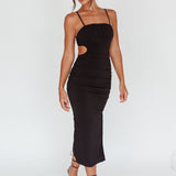Mary Jane Gathered Bust Tie Back Midi Dress Black