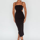 Mary Jane Gathered Bust Tie Back Midi Dress Black