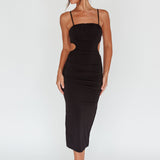 Mary Jane Gathered Bust Tie Back Midi Dress Black