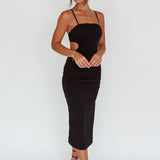 Mary Jane Gathered Bust Tie Back Midi Dress Black