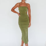 Mary Jane Gathered Bust Tie Back Midi Dress Olive
