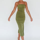 Mary Jane Gathered Bust Tie Back Midi Dress Olive