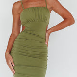 Mary Jane Gathered Bust Tie Back Midi Dress Olive
