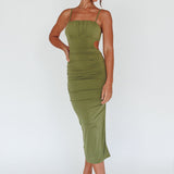 Mary Jane Gathered Bust Tie Back Midi Dress Olive