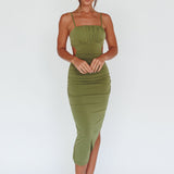Mary Jane Gathered Bust Tie Back Midi Dress Olive