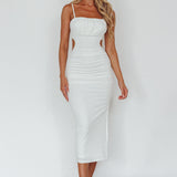 Mary Jane Gathered Bust Tie Back Midi Dress White