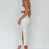Mary Jane Gathered Bust Tie Back Midi Dress White