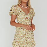 Connie Puff Sleeve Mini Dress Floral Olive