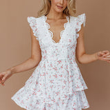 Aylina Scalloped Lace Romper Floral Red