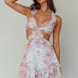 Violette Ruffle Strap Cut-Out Mini Dress Floral Blue