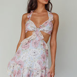 Violette Ruffle Strap Cut-Out Mini Dress Floral Blue