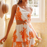 Olli One-Shoulder Cut-Out Dress Print Orange