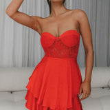 In Your Arms Strapless Lace Bodice Layered Hem Mini Dress Red