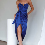 Gianna Strapless Ruched Bust Midi Dress Navy