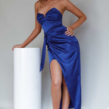 Gianna Strapless Ruched Bust Midi Dress Navy