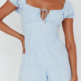 Santiago Puff Sleeve Eyelet Romper Blue