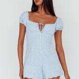 Santiago Puff Sleeve Eyelet Romper Blue