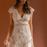 New Dawn Frill Shoulder Mini Dress Floral Mocha