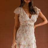 New Dawn Frill Shoulder Mini Dress Floral Mocha