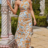 Utopia Cut-Out Waist Midi Dress Orange/Blue