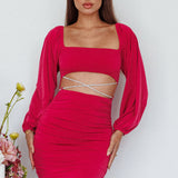 Nohemi Long Sleeve Diamante Mini Dress Plum
