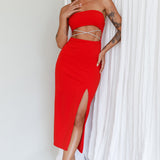 Nohemi Strapless Diamante Midi Dress Red