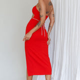 Nohemi Strapless Diamante Midi Dress Red
