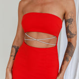 Nohemi Strapless Diamante Midi Dress Red