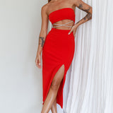 Nohemi Strapless Diamante Midi Dress Red