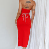 Nohemi Strapless Diamante Midi Dress Red