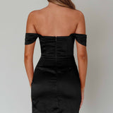 Night To Remember Off-Shoulder Satin Dress Black