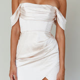 Night To Remember Off-Shoulder Satin Dress Champagne